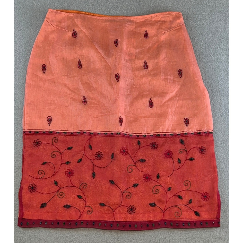 NWT 90's Vintage Y2K Express Silk Embroidered Skirt Whimsy Orange Red 13/14